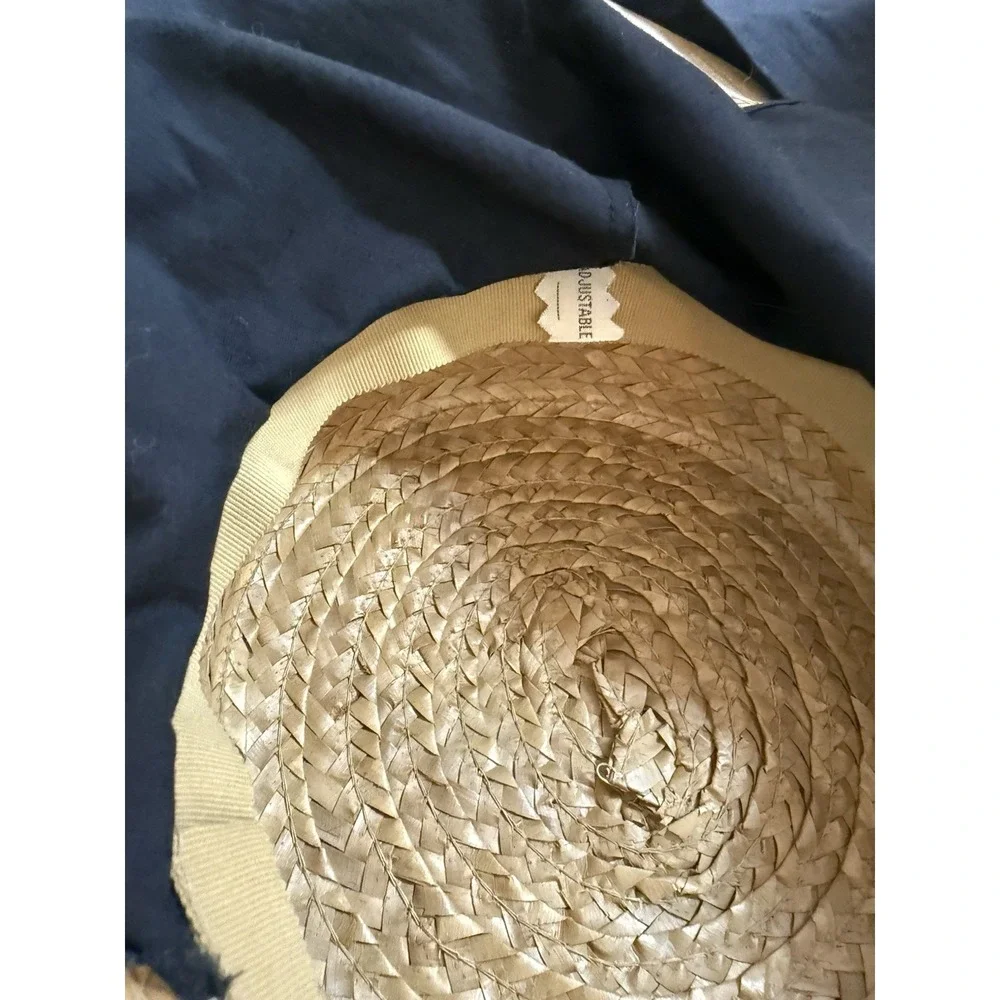 Vintage Straw Sun Hat Wide Brim Black Scarf Tie Garden Party Victorian Style 70s - Picture 8 of 9